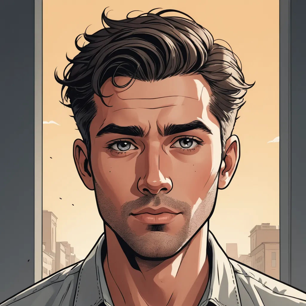 a man with a beard and a shirt on is looking at the camera with a city in the background, serial art, a character portrait, Alton Tobey, character portrait