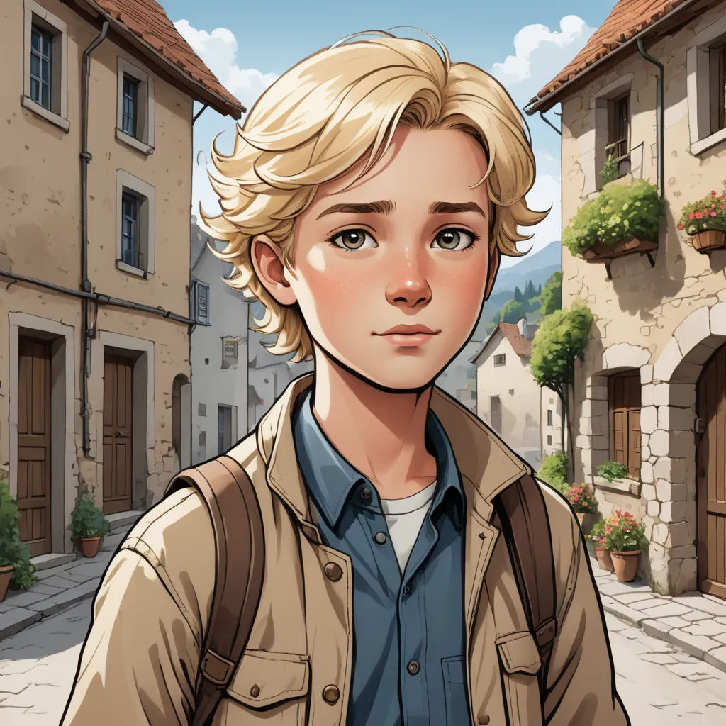 a cartoon of a boy with blonde hair and a backpack on a street in a small town with buildings, sots art, a character portrait, Cedric Seaut (Keos Masons), character portrait