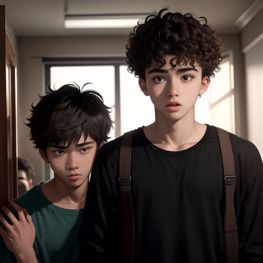 a boy and a boy standing in a hallway with a door open and a boy looking at the camera