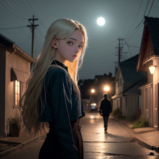a woman standing on a street at night with a man walking by her side and a full moon in the sky