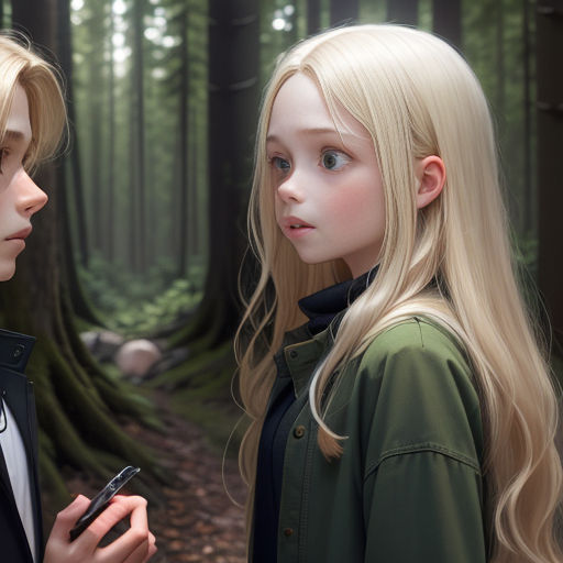 a couple of young women standing next to each other in a forest with trees and rocks in the background