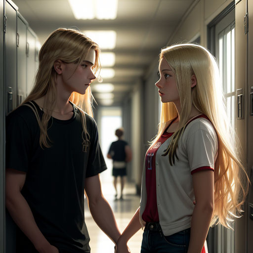 a couple of people standing in a hallway next to each other holding hands and looking at each other with a smile on their faces