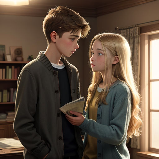 a boy and a girl standing in a room looking at each other and looking at something in the other direction