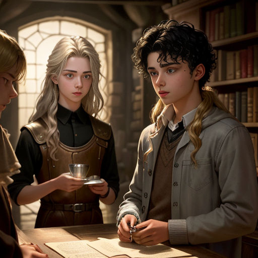 a group of people standing around a table in a room with books and a cup of coffee in front of them
