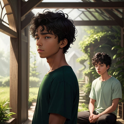 a boy and a boy sitting on a bench in a garden area with a gazebo in the background