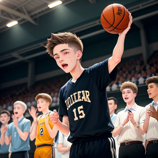 a young man holding a basketball in front of a crowd of people in a gym with a basketball in his hand