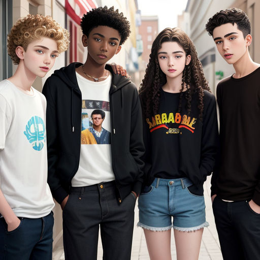 a group of young people standing next to each other on a sidewalk in front of a building with a flag
