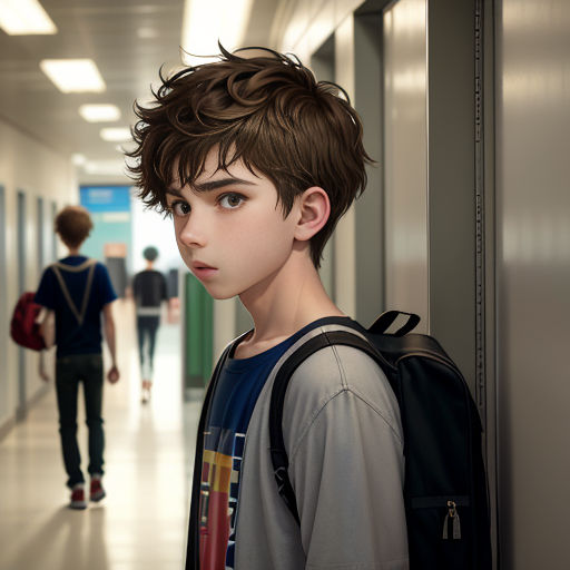 a boy with a backpack standing in a hallway with a man walking by him and another boy in the background