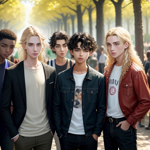 a group of young men standing next to each other in a park with trees in the background and people in the background