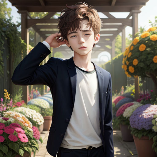 a young man in a suit and tie standing in front of flowers in a garden area with a gazebo