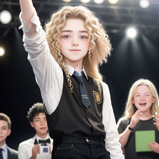 a young girl in a school uniform is raising her hand up in the air with other children in the background