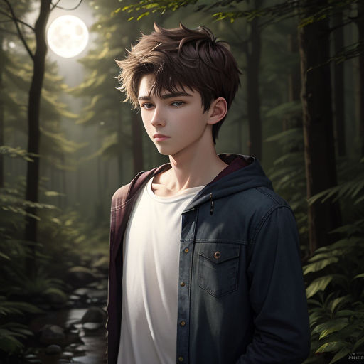 a boy standing in a forest with a light shining on him and a river running through the woods behind him