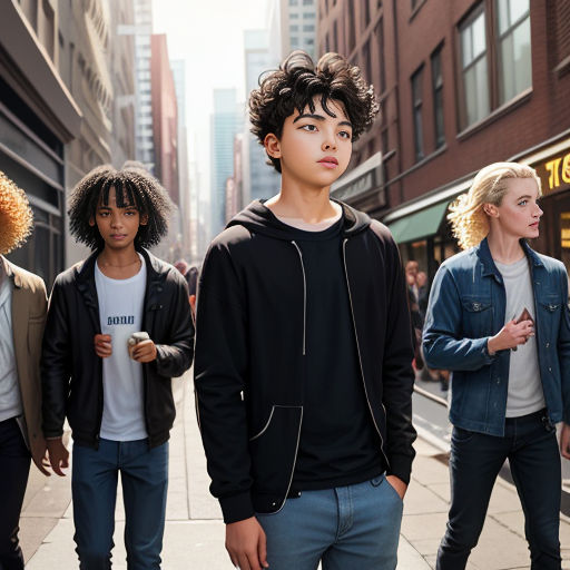 a group of young people standing on a sidewalk in a city setting with tall buildings in the background, one of them looking up