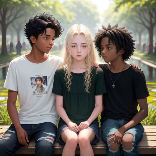 three young people sitting on a bench in a park, one of them is looking at the camera and the other is looking at the camera
