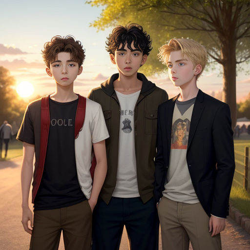 three young men standing next to each other on a road at sunset or dawn with trees in the background