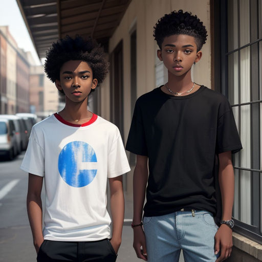 two young men standing next to each other on a sidewalk near a building with cars parked on the side of the street