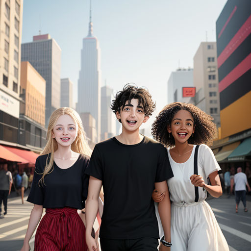 three people walking down a street in a city with tall buildings in the background and a woman in a black top