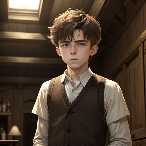a boy in a vest and tie standing in a room with a light shining on him and a cabinet