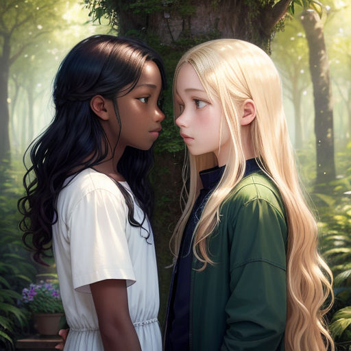 two girls standing next to each other in a forest with trees and bushes behind them, one of them is looking at the other