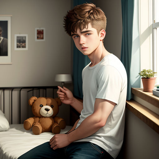 a boy sitting on a bed with a teddy bear in front of him and a window behind him with a blue curtain
