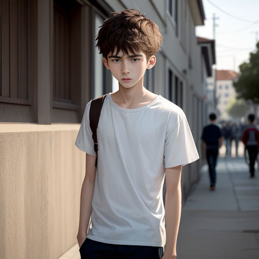 a boy standing on a sidewalk with a backpack on his back and a white shirt on his shirt is not visible