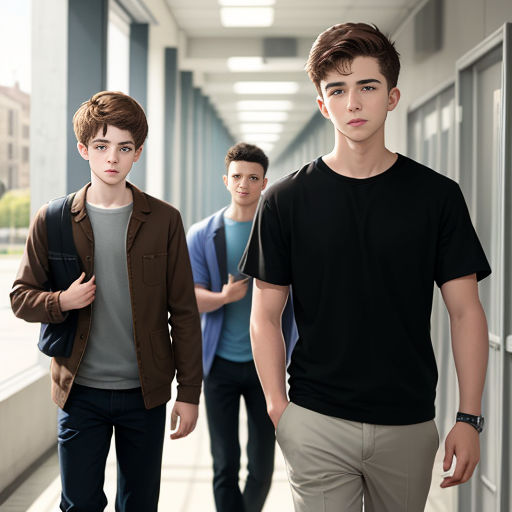 a group of young men walking down a hallway together, one of them is wearing a black shirt and the other is a brown jacket