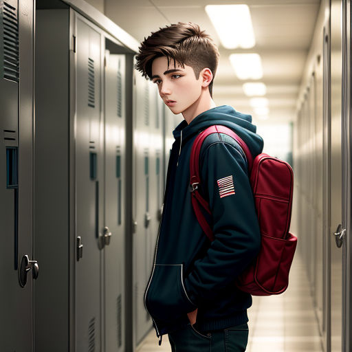 a young man with a backpack standing in a hallway of lockers in a school or college building,