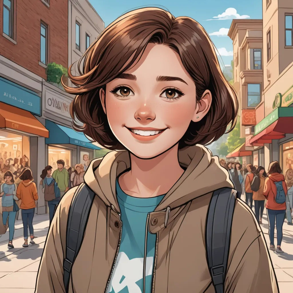 a cartoon of a woman standing in front of a crowd of people on a city street with a backpack on, american scene painting, a character portrait, Artgerm, official art