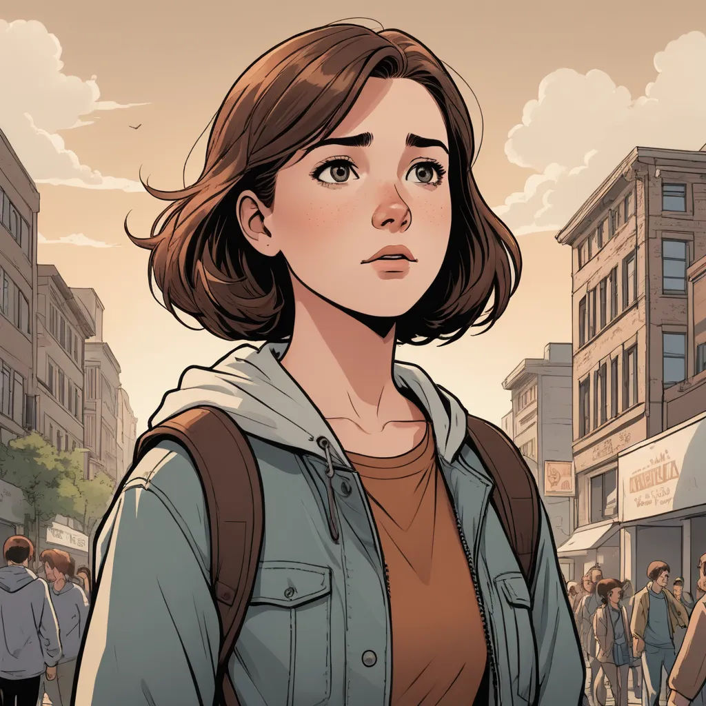 a woman standing in front of a crowd of people in a city with buildings and people walking around her, context art, a comic book panel, Eve Ryder, comic cover art