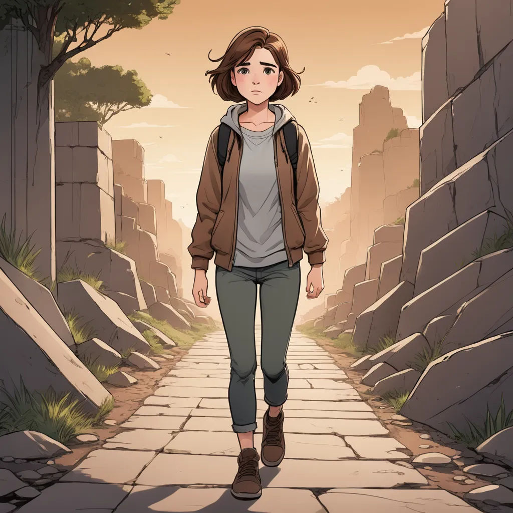 a woman walking down a stone path in a cartoon style with a backpack on her back and a backpack on her shoulder, serial art, a character portrait, Atey Ghailan, official art