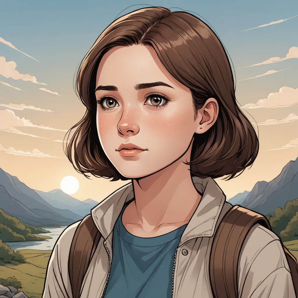 a digital painting of a woman with a backpack on her shoulder and a mountain in the background with a sun, sots art, a character portrait, Eve Ryder, character portrait