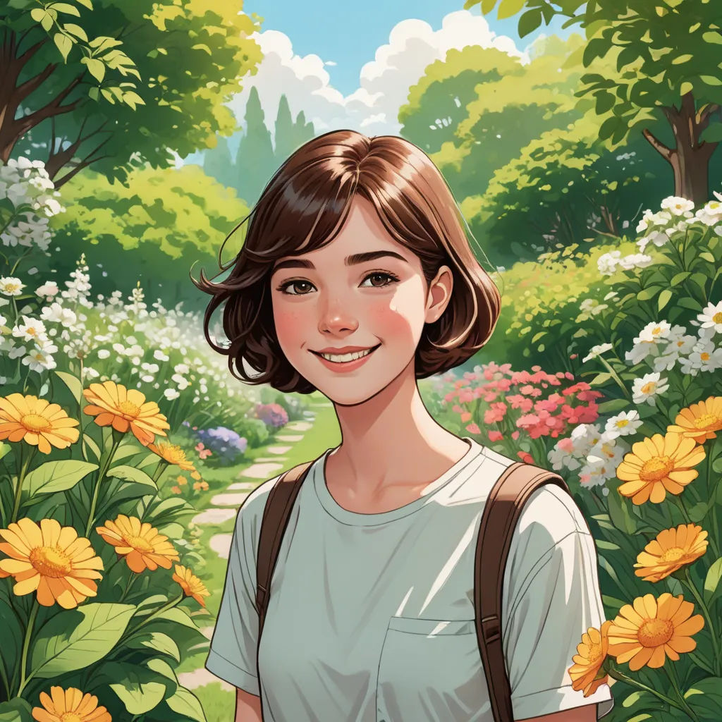 a woman standing in a field of flowers with a backpack on her shoulder and a smile on her face, fantasy art, a character portrait, Chen Hong, rossdraws global illumination