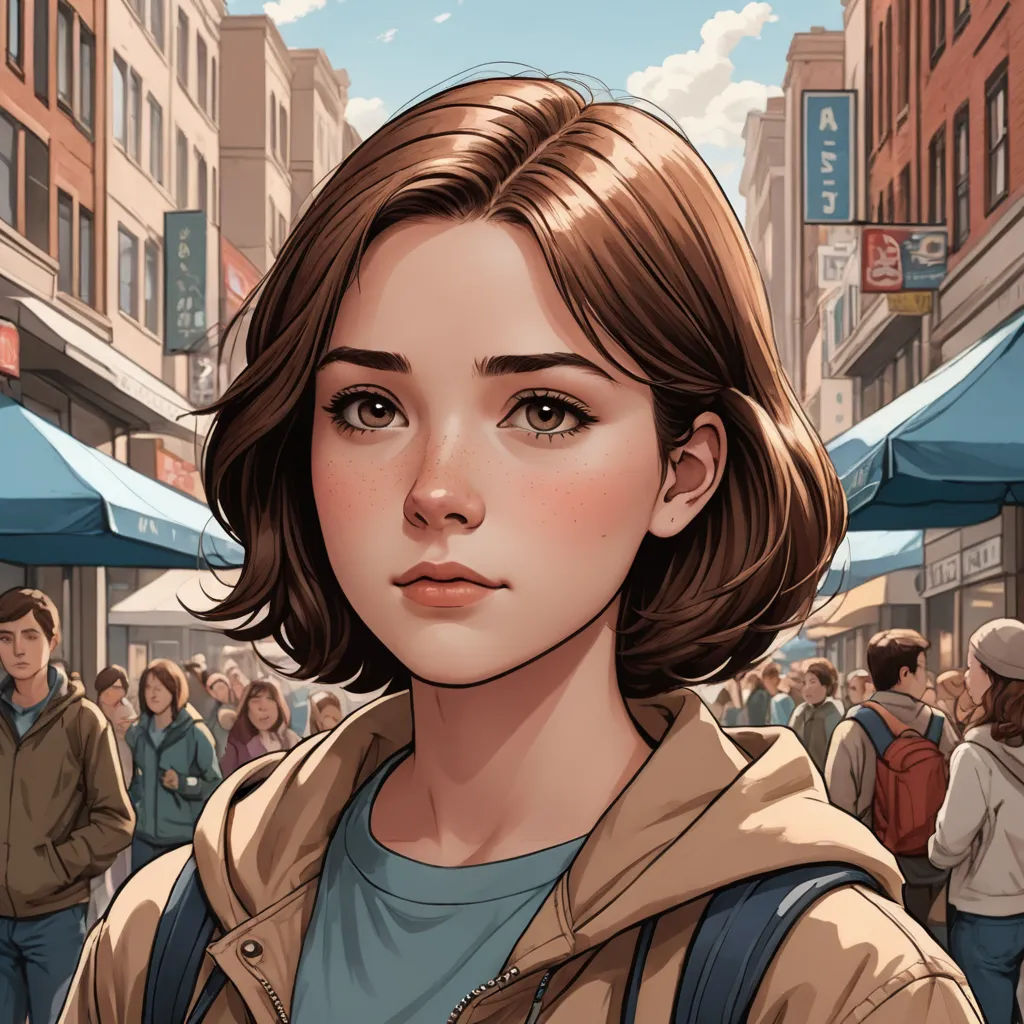 a woman standing in front of a crowd of people in a city street with buildings and people walking around, photorealism, a comic book panel, Artgerm, stanley artgerm lau