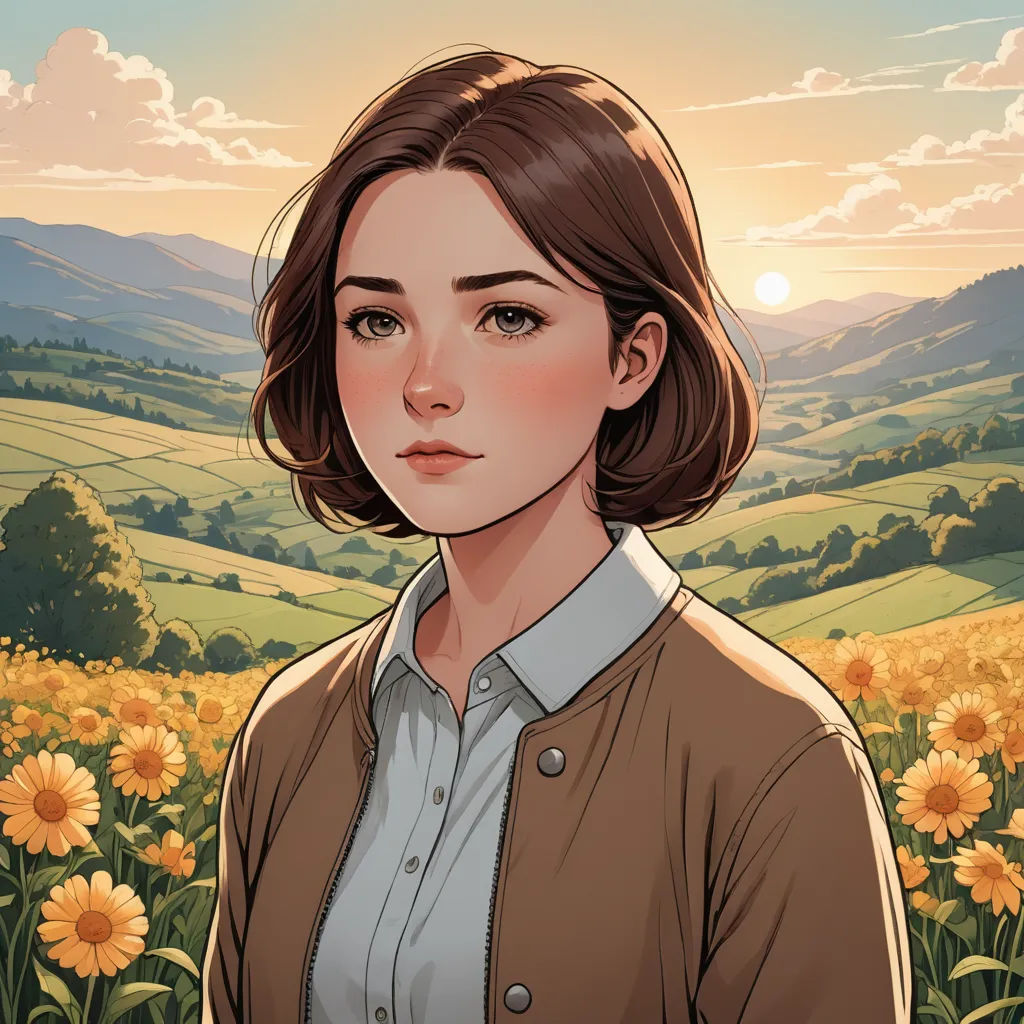 a woman standing in a field of sunflowers with a mountain in the background and a sun setting, sots art, a character portrait, Atey Ghailan, official art