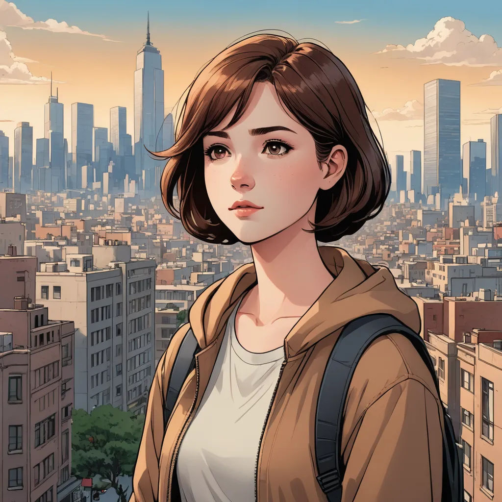 a woman standing in front of a city skyline with a backpack on her shoulder and a backpack on her shoulder, neo-figurative, a comic book panel, Artgerm, city background