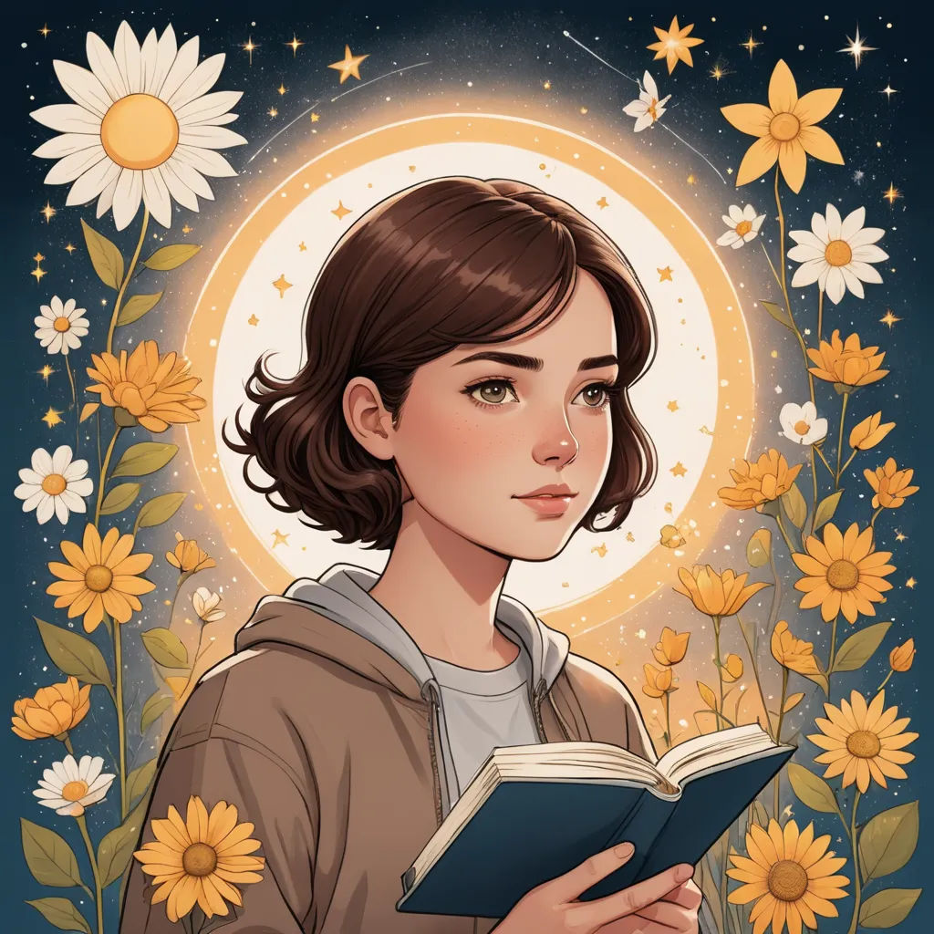 a woman holding a book in her hands and a sunflower in the background with a sky full of stars, fantasy art, a character portrait, Atey Ghailan, comic cover art