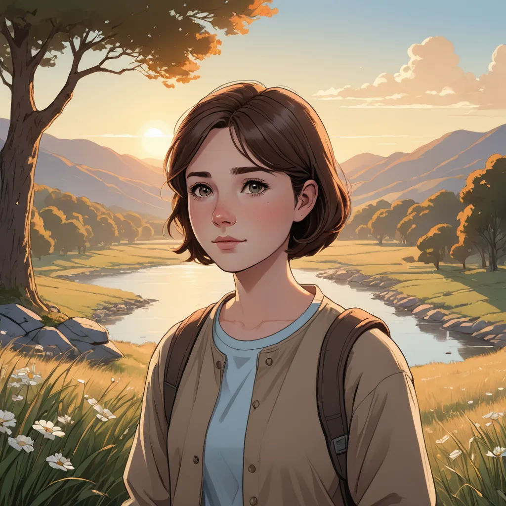 a girl standing in a field with a river in the background and trees in the foreground, and a sunset in the background, sots art, a character portrait, Atey Ghailan, rossdraws global illumination
