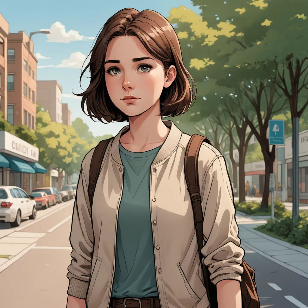 a woman standing on a street corner with a backpack on her shoulder and a car parked on the side of the street, sots art, a character portrait, Cedric Seaut (Keos Masons), city background