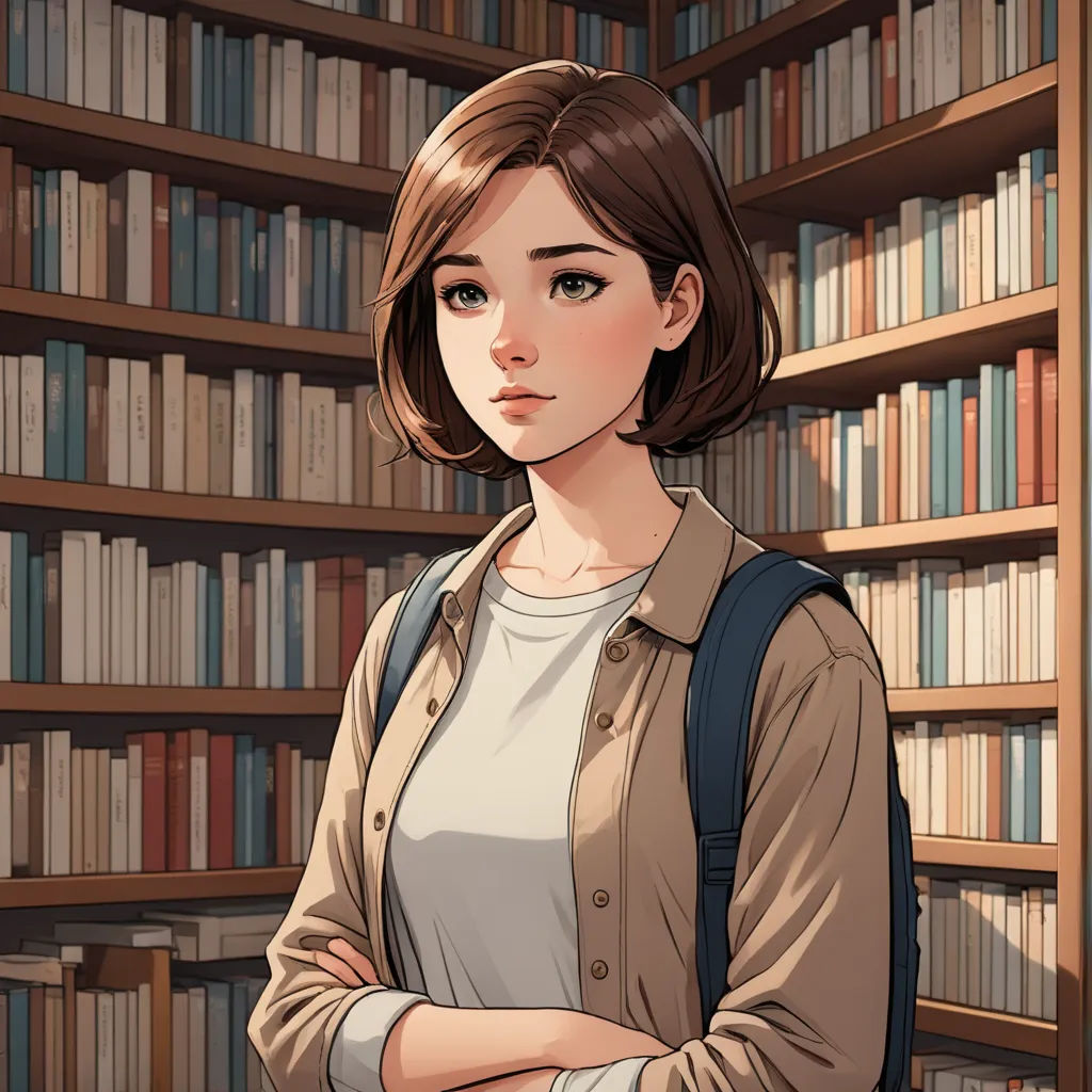 a woman standing in front of a book shelf filled with books and bookshelves with her arms crossed, academic art, a character portrait, Choi Buk, character portrait