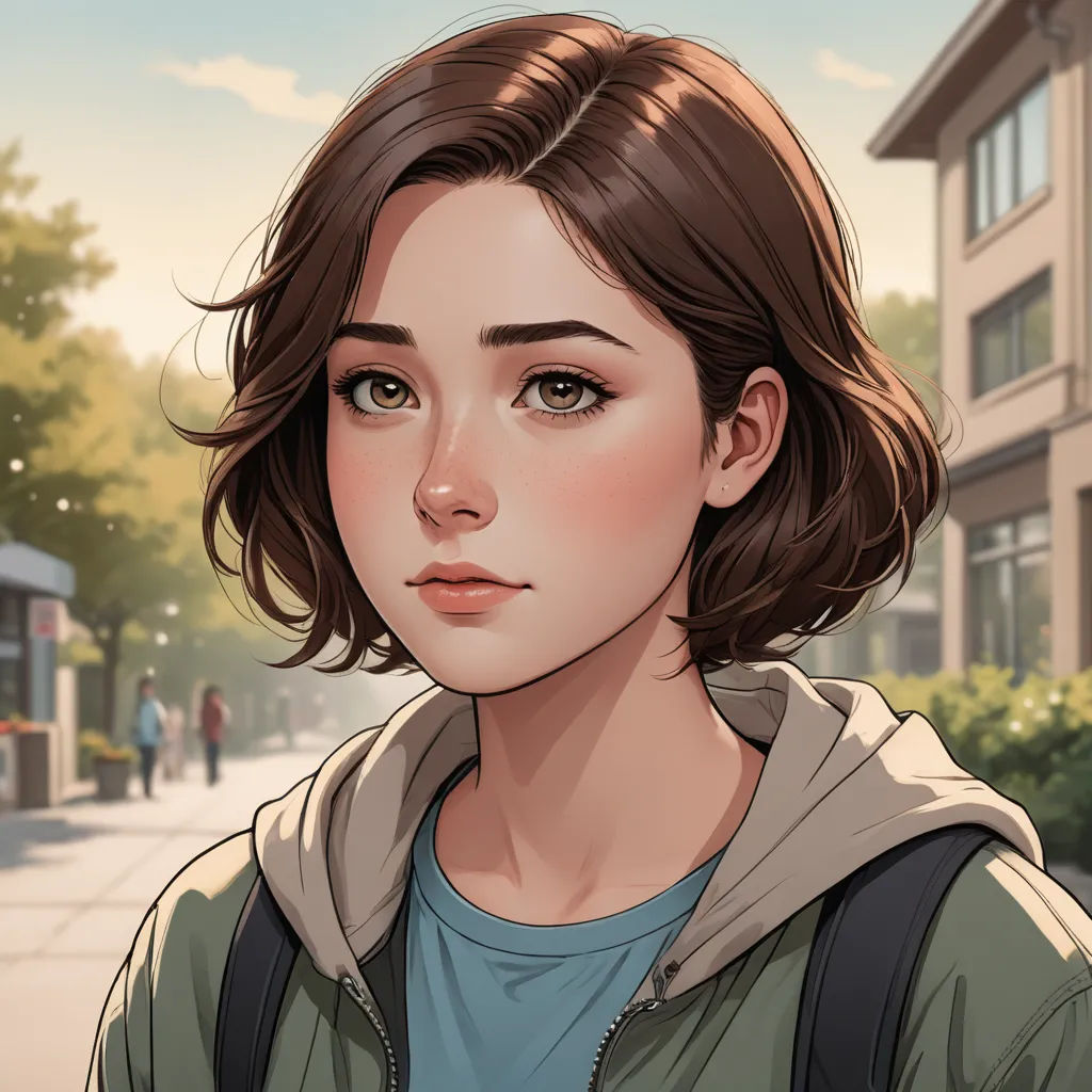 a woman with a backpack on a city street with a building in the background and a person walking by, sots art, a character portrait, Constance Gordon-Cumming, kinkade