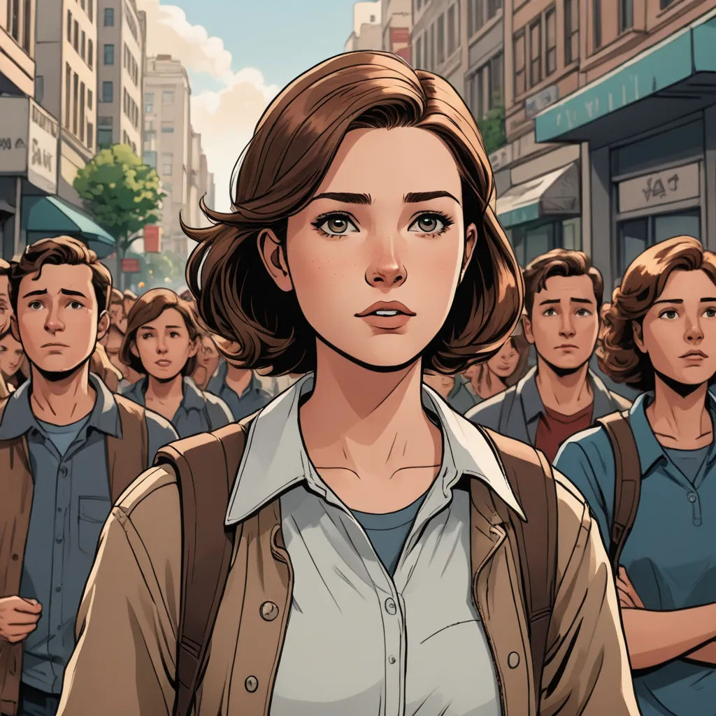 a woman standing in front of a crowd of people in a city street with buildings and buildings in the background, symbolism, a comic book panel, Atey Ghailan, graphic novel