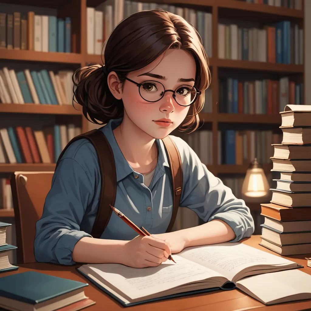 a girl sitting at a desk with a book and pen in her hand and a stack of books behind her, academic art, a storybook illustration, Artgerm, rossdraws global illumination