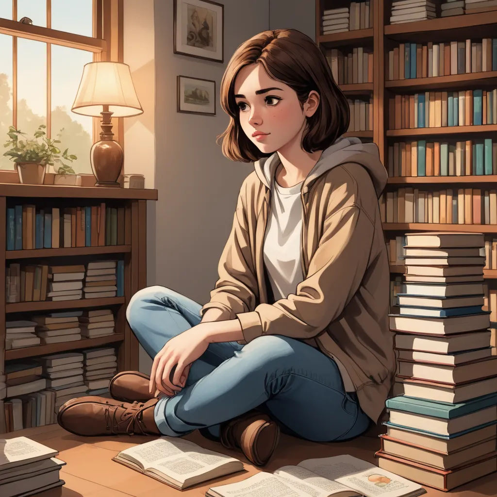a girl sitting on the floor in front of a bookcase with books on it and a lamp on the side, academic art, a storybook illustration, Atey Ghailan, trending on art station