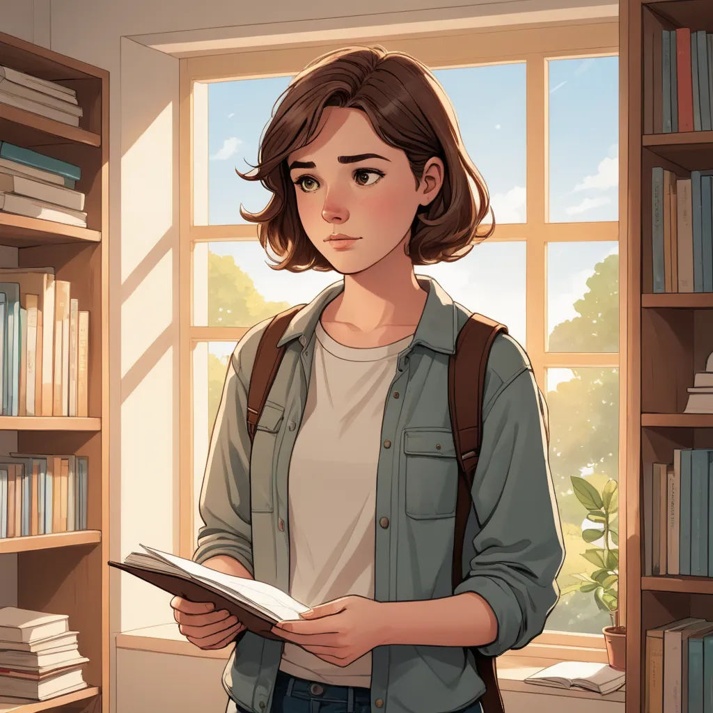 a girl is standing in front of a bookcase and holding a book in her hands and looking at the camera, sots art, a character portrait, Clarice Beckett, official art