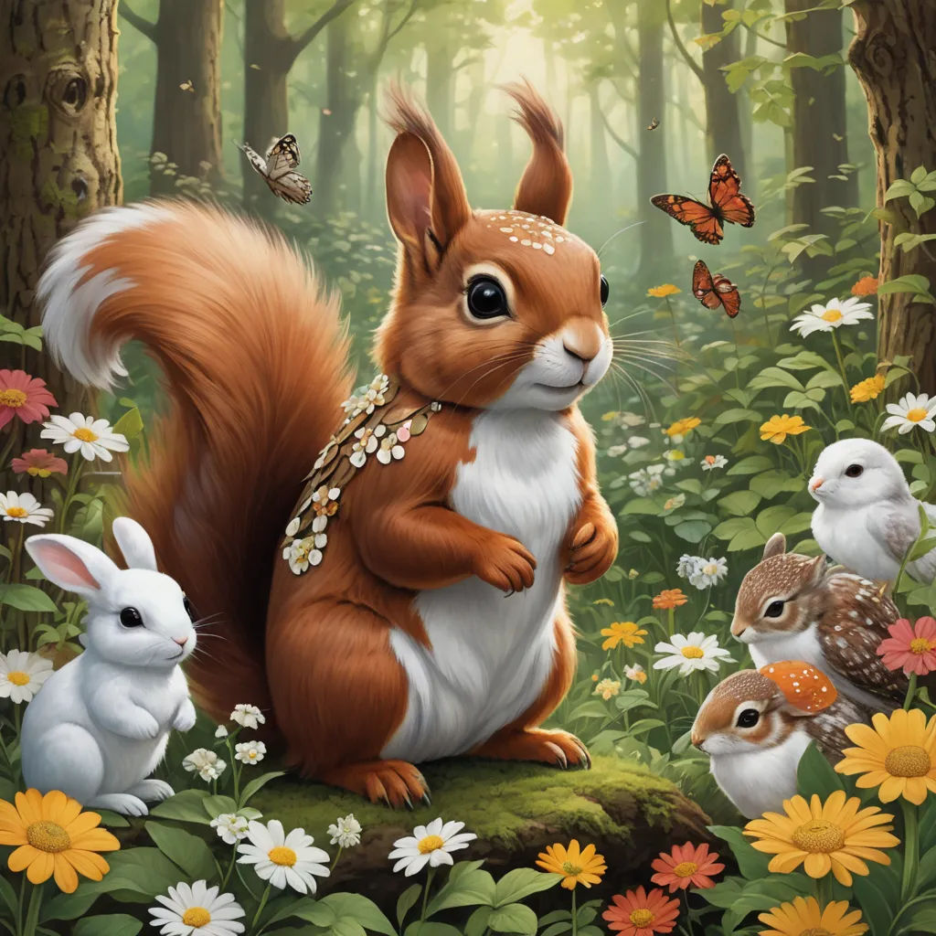 a painting of a squirrel surrounded by other animals in a forest with flowers and butterflies around it, with a butterfly on its back, fantasy art, a storybook illustration, Chris LaBrooy, official art
