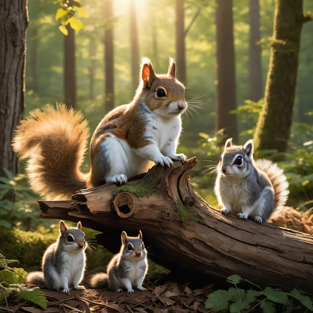 a group of squirrels sitting on a log in the woods with sunlight shining through the trees behind them and a baby squirrel standing on the log, rayonism, a digital rendering, Chris LaBrooy, animal photography