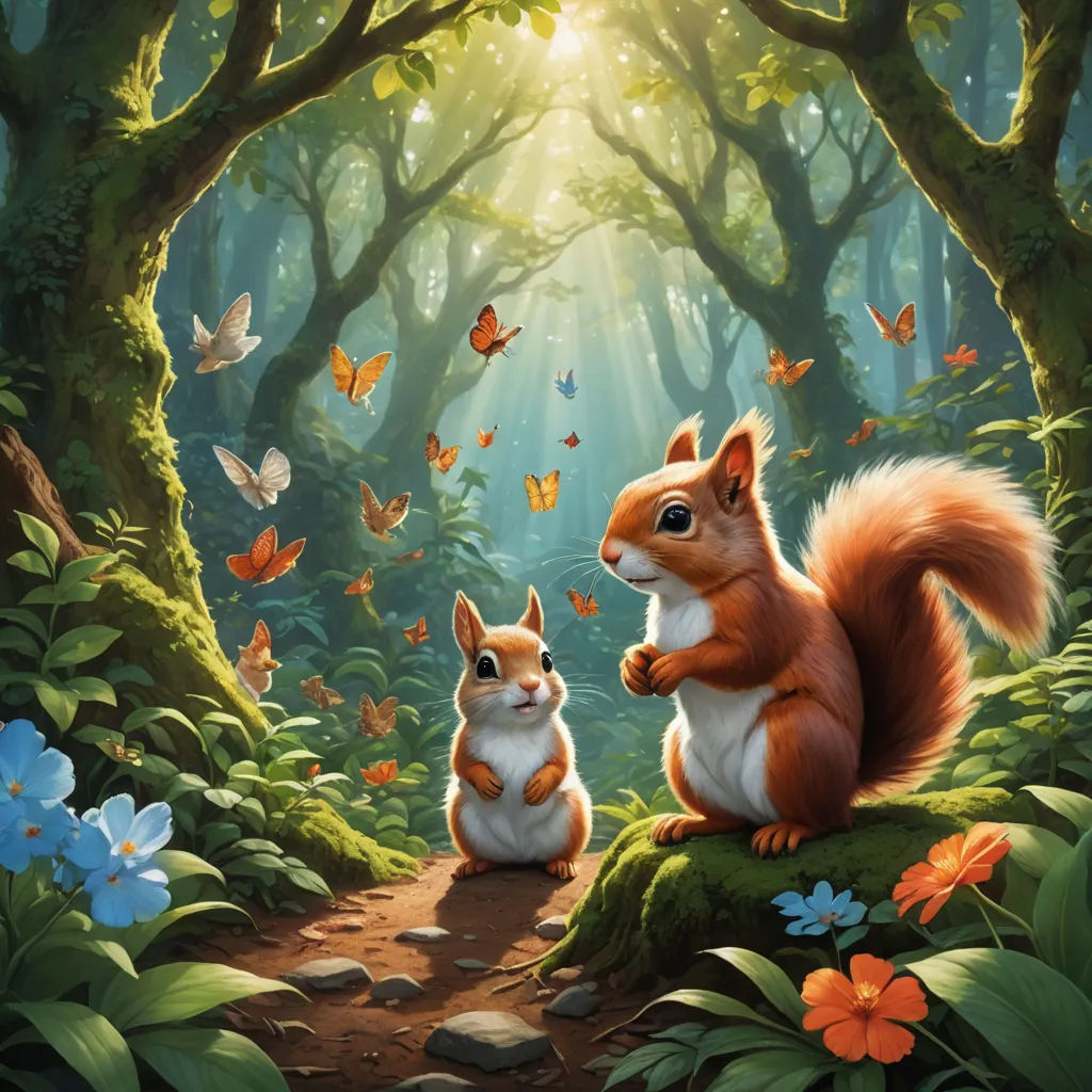 a painting of two squirrels in a forest with butterflies flying around them and a sunbeam in the background, fantasy art, a storybook illustration, Chris LaBrooy, official art