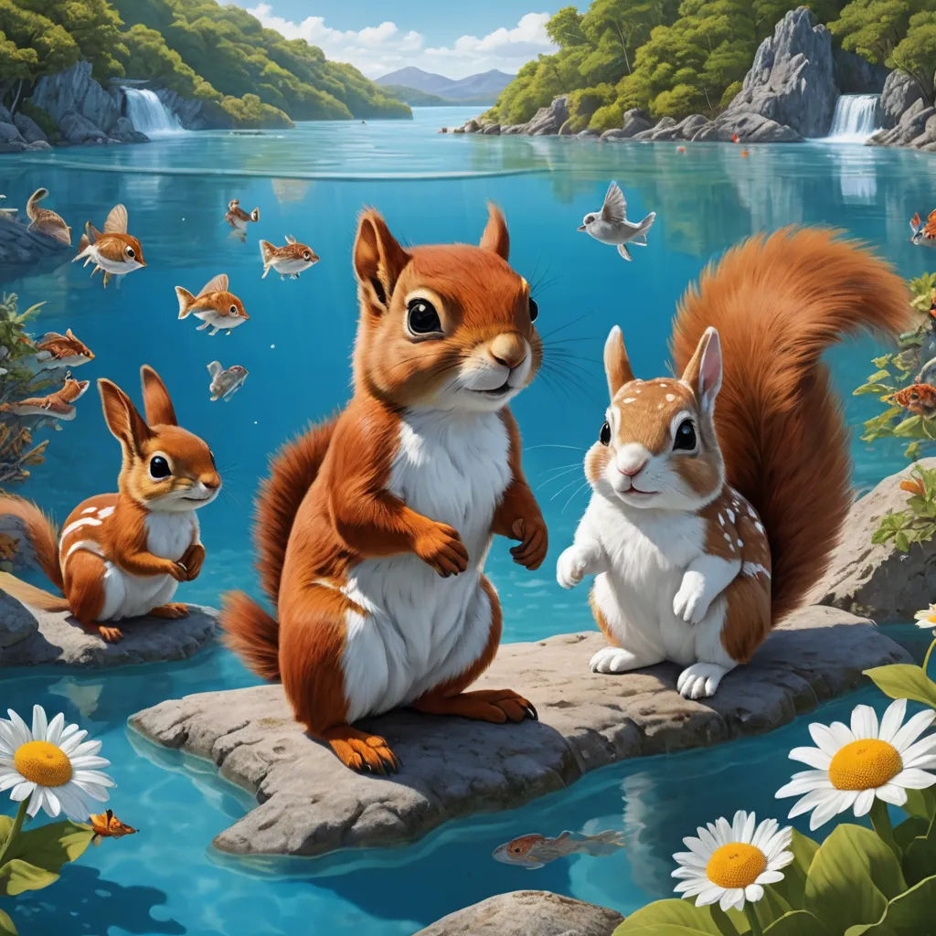 a painting of a squirrel and two other animals on a rock by a lake with flowers and butterflies around it, pop surrealism, an oil painting, Chris LaBrooy, highly detailed digital painting