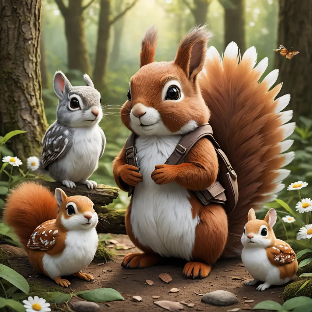 a squirrel and two baby squirrels are standing in the woods with a squirrel on their back and a squirrel on its back, furry art, a storybook illustration, Chris LaBrooy, official art