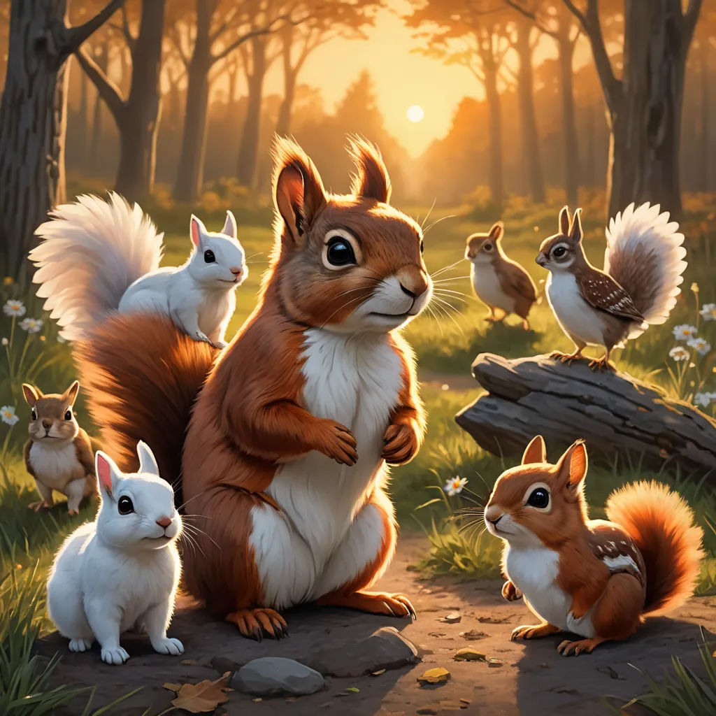 a painting of a squirrel and her babies in a forest setting with birds and flowers around it, and a bird on the ground, furry art, an oil painting, Chris LaBrooy, official art